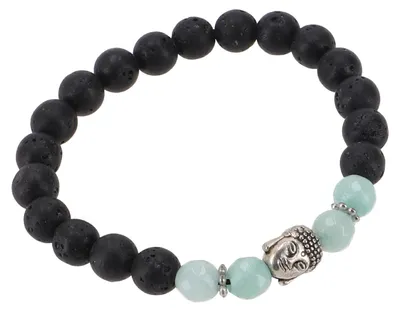 Produktbild von Mala Armband, Handmala, Buddhistischer Schmuck, Perlenarmband 8 mm - Lava/Calcedon, Schwarz, Halbedelstein, Armreifen & Armbänder Modeschmuck