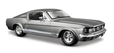 A silver 1967 Ford Mustang GT model car is shown from a three-quarter front angle against a white background.
