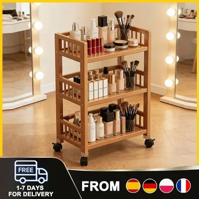 Immagine prodotto di Carrello portaoggetti in bambù con 3 ripiani, dotato di ruote bloccabili, ideale per cucina, lavanderia, camera da letto e soggiorno