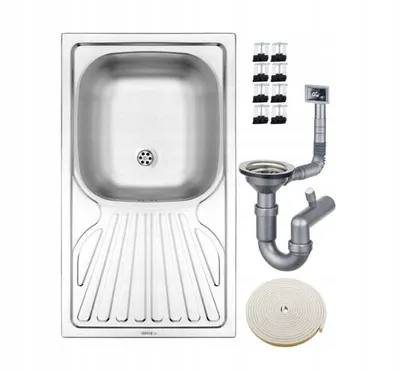 A stainless steel kitchen sink and its plumbing accessories are displayed against a white background.