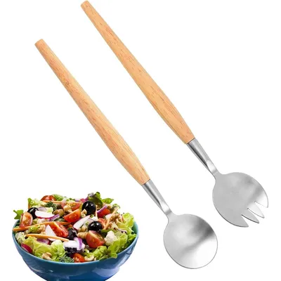 Produktbild von Salatlöffel-Gabel-Set aus Edelstahl mit Holzgriff, Salatgabel, Salatgabel aus Holz, Küchenutensilien für Küche und Restaurant, 2 Stück, 28 cm