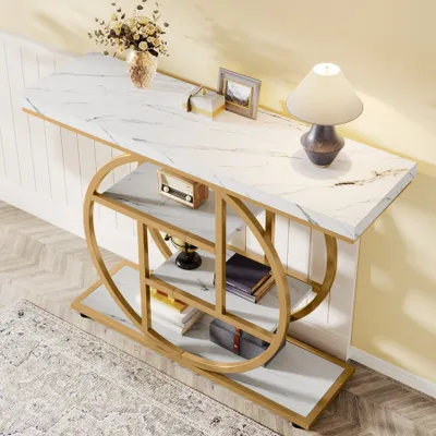 Image de Tribesigns Table console, table basse industrielle à 4 étages, table d'entrée avec socle circulaire, tables d'accentuation en bois pour salon, couloir, or blanc