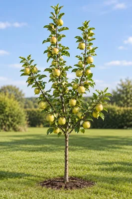 Produktbild von Apfelbaum Golden Delicious 100–120 cm – Malus domestica mit süßen gelben Äpfeln, ertragreicher Obstbaum für Garten & Kübel, KI-generiertes Bild
