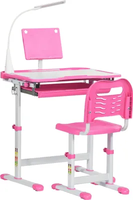 Produktbild von HOMCOM Schreibtisch- und Stuhl-Set für Kinder ab 6 Jahren, Kinderschreibtisch, höhenverstellbar, Kinderschreibtisch mit neigbarer Tischlampe, Schublade und Ablage für Bücher, Rosa