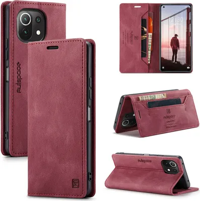 Obrázek produktu pro Xiaomi Mi 11 Lite Wallet Case Cover, RetroPolyuretankožené pouzdro Stand Protective Cover pro Xiaomi Mi 11 Lite Red