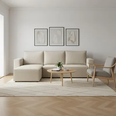 Obrázek produktu pro Sedací souprava do L s funkcí spaní a úložným prostorem – levá – 235x76x147 cm – béžová – malá rohová pohovka – moderní rozkládací pohovka