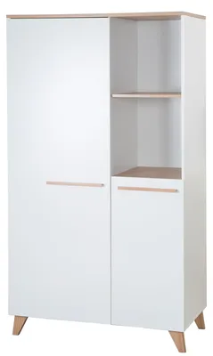 Produktbild von roba Kinderkleiderschrank 2-türig Leon - Hochwertige Griffe & Füße aus massivem Holz - Schrank mit zwei offenen Fächern - Weiß / Nachbildung Othello Eiche