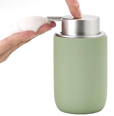 Produktbild von Grüner Schaumseifenspender, 350 ml, Keramik (Gummilack), nachfüllbar – für Bad und Küche, moderner Seifenspender mit Flasche