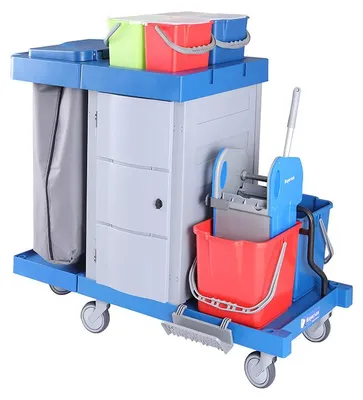Produktbild von CleanSV® Reinigungswagen PE Kassel Secure mit abschließbarem Schrank, Müllsackhalter, 2 x 18 L Eimer, 4 x 5 L Eimer