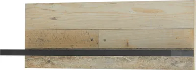 A shelf made of wood with a metal strip.