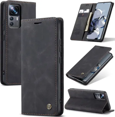 Image de Xiaomi 12T Pro Housse, rétroPolyuréthaneHousse en cuir avec fonction support Housse de protection pour Xiaomi 12T / 12T Pro Noir