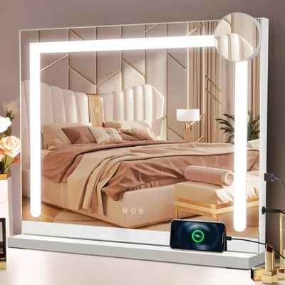 Zdjęcie produktu dla ZMH Lustro kosmetyczne z oświetleniem 58 x 46 cm Lustro kosmetyczne z oświetleniem Touch Dimmbare LED 3 tryby kolorów światła 5-krotne powiększenie Lustro do sypialni