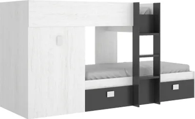 Produktbild von Kinderbett Dbajram, Komplettes Schlafzimmer mit Kleiderschrank und Schubladen, Etagenbettkomposition mit zwei Einzelbetten, 271x111h150 cm, Weiß und Anthrazit