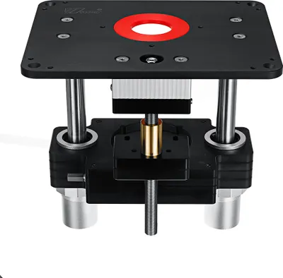 A close-up studio shot of a router lift with a router table insert plate.