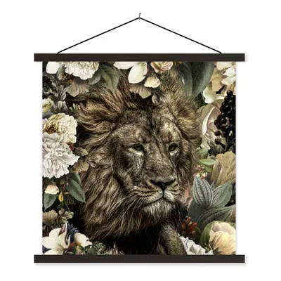 Produktbild von MuchoWow® Textilposter Löwe - Blumen - Blatt 120x120 cm mit schwarzem Rahmen - Aufhängungsset