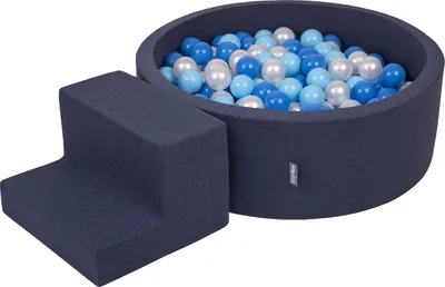 Produktbild von KiddyMoon spielplatz aus schaumstoff mit rund bällebad (200 bälle) ballgruben für babys spielbad hindernisläufen, hergestellt in der eu, dunkelblau:babyblue/blau/perle