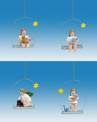 Produktbild von Christbaumschmuck Engel auf Himmelsschaukel mit Spielzeug und Krone 4 teilig Höhe 6cm NEU