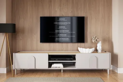 Zdjęcie produktu dla Szafka RTV 220 cm kaszmir z szufladą na nóżkach dąb olejowany Amilio półki