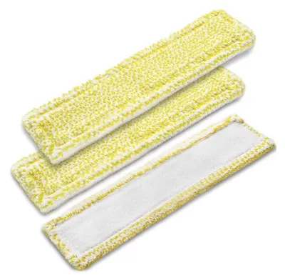 Three yellow microfiber mop pads are arranged diagonally on a white background. The top two pads are stacked, and the bottom pad is slightly separated and angled.
