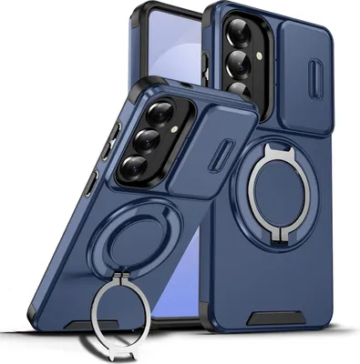 Immagine prodotto di Custodia a doppio strato per Samsung Galaxy S26+, con copertura scorrevole per la fotocamera e supporto magnetico ad anello Blu