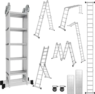 Image de Bettizia 6 en 1 Echelle polyvalente Echelle articulée en aluminium Echelle pliante 582cm Echelle multifonctions Echelle en aluminium Avec plateforme Jusqu'à 150KG 4 X 5 marches Argent