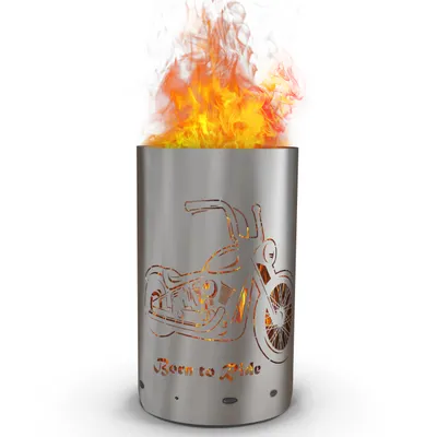 A metal fire pit with a motorcycle design and flames coming out of the top.