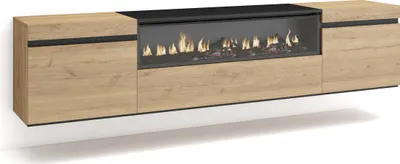 A modern, wall-mounted TV cabinet with a built-in electric fireplace.