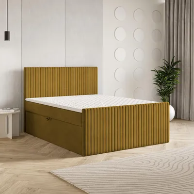 Produktbild von Masseno Boxspringbett TERVAN 180x200 cm Komplett-Set mit Bonell Matratze und Topper, Polsterbett mit Bettkästen -Gelb, KRONOS 01