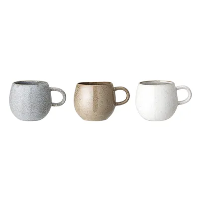 Three ceramic mugs in different colors are displayed against a white background.