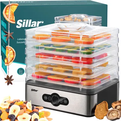 Produktbild von Sillar 240W dehydrátor potravín z nehrdzavejúcej ocele s 5 policami, dehydrátor s ukazovateľom času, časovačom a reguláciou teploty (35-70 ℃), bez BPA