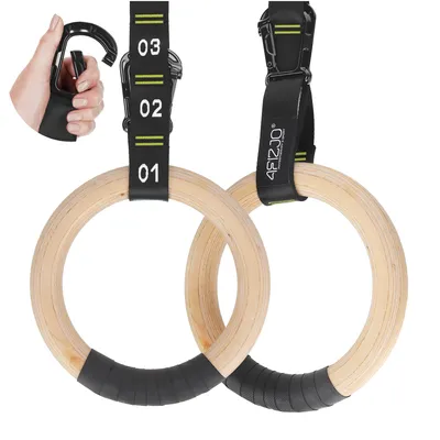 Produktbild von 4FIZJO Holz-Gymnastikringe, 2 Stück, für Krafttraining, Crossfit und Bodyweight, schwarz-gelb