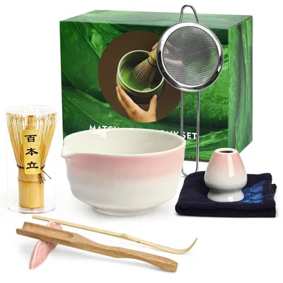 Produktbild von Matcha Set Rosa 8-teilig mit Besen, Schale, Sieb, Löffel, Halter, Tuch
