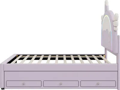 Obrázek produktu pro Dětská postýlka Sweiko 90x200 cm, tvar jednorožce, s výsuvnou postýlkou, materiál PU, fialová barva