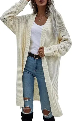 Image de ASKSA Femme Manteau Long en Tricot Manches Chauve-souris Cardigan Pull Outwear, Abricot, L