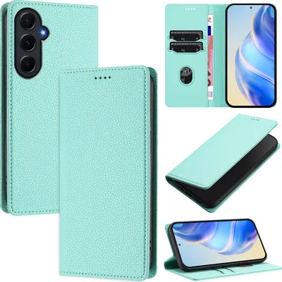 Produktbild von Litchi Leder Handyhülle für Samsung Galaxy A55 Wallet Kartenfächer Standfunktion Hülle Türkis