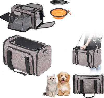 Image de SucceBuy Caisse de transport pour chats avec roues, caisse roulante pour animaux de compagnie approuvée par les compagnies aériennes, avec poignée télescopique et bandoulière, caisse pour chiens de moins de 25 livres, 1 gamelle pliable incluse, gris
