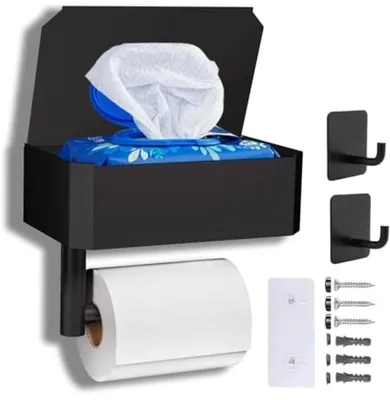 Productafbeelding van PromoHome® Toiletrolhouder met vochtige doekjeshouder – Wandmontage – RVS – Zwart – 4-in-1 multifunctioneel