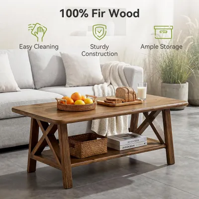 Produktbild von Tribesigns Couchtisch im Landhausstil aus Massivholz, 119 cm großer Mitteltisch mit Ablagefläche, stabile X-förmige Beine, rustikales Dunkelbraun