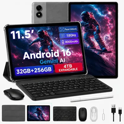 Immagine prodotto di Tablet T70 da 11 pollici, sistema operativo Android, 16/32+256 GB/2 TB di memoria, frequenza di aggiornamento 180 Hz, batteria da 8000 mAh, fotocamera posteriore da 13 MP e fotocamera frontale da 8 MP. Inclusi nella confezione: stilo, custodia, tastiera, mouse, riconoscimento facciale