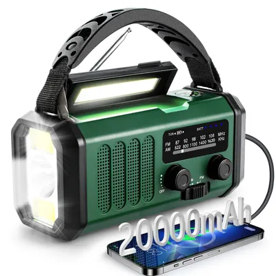 Obrázek produktu pro Zimilo nouzové rádio s powerbankou 20000 mAh, 3 způsoby nabíjení: ruční klikou, solární energií a USB, s baterkou, lampičkou na čtení a SOS alarmem, zelené