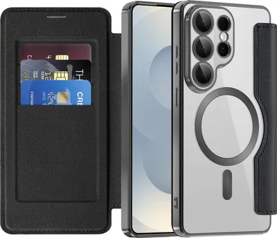 Immagine prodotto di Custodia per Samsung Galaxy S26 Ultra compatibile con MagSafe, custodia trasparente con porta carte, custodia in pelle con protezione per fotocamera nera