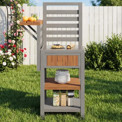 Image de Meuble de jardin Merax avec plan de travail en acier inoxydable et double étagère, table d'extérieur résistante aux intempéries avec espace de rangement, station de barbecue pour terrasse et jardin