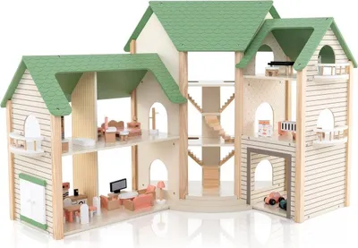 Produktbild von Puppenhaus mit Grünem Dach & 36 Zubehörteilen Spielset „Eckvilla“ aus Holz DIY Traumhaus