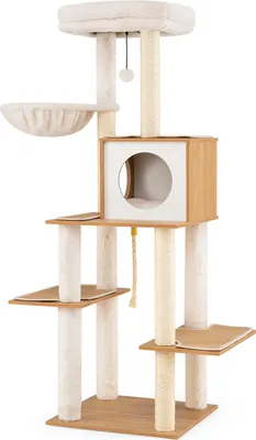 Image de COSTWAY Arbre à chat en bois, 148 cm, arbre à chat avec niche, poteaux à griffer en sisal, coussin, panier, tapis, plateformes en corde, arbre à chat naturel + blanc