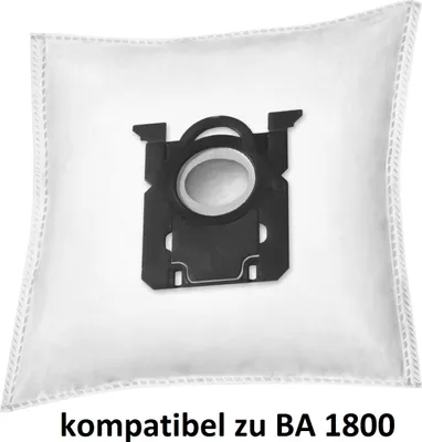A white vacuum cleaner dust bag with a black plastic fitting.