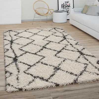 Produktbild von Hochflor Teppich Wohnzimmer Shaggy Langflor Modernes Boho Skandi Rauten Muster Grösse 200 cm Rund