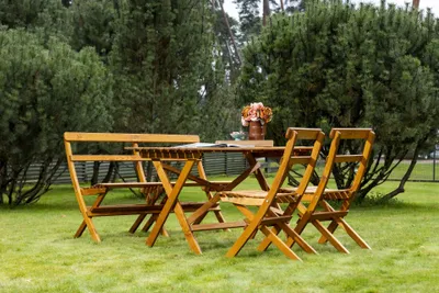 Produktbild von Gartenmöbel-Set LAXO, Tisch + 2 Stühle + Klappbank, honigfarben