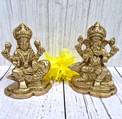 Messing Ganesha & Lakshmi Figuren auf Maus & Eule, 2 Stück