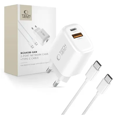 Zdjęcie produktu dla Tech-Protect Nca45W-Gan 2-Port Network Charger Pd 45W / Qc3.0 + Type-C Cable White