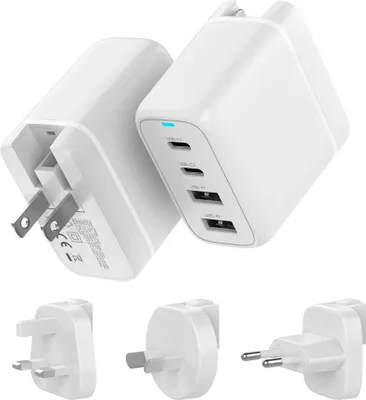 Produktbild von VOOMY Reiseadapter Weltweit 4-in-1 – Modularer Weltstecker für 170+ Länder – 4 USB-Anschlüsse (2x USB-C & 2x USB-A) – Kompakt & Sicher – Universaladapter – Weiß